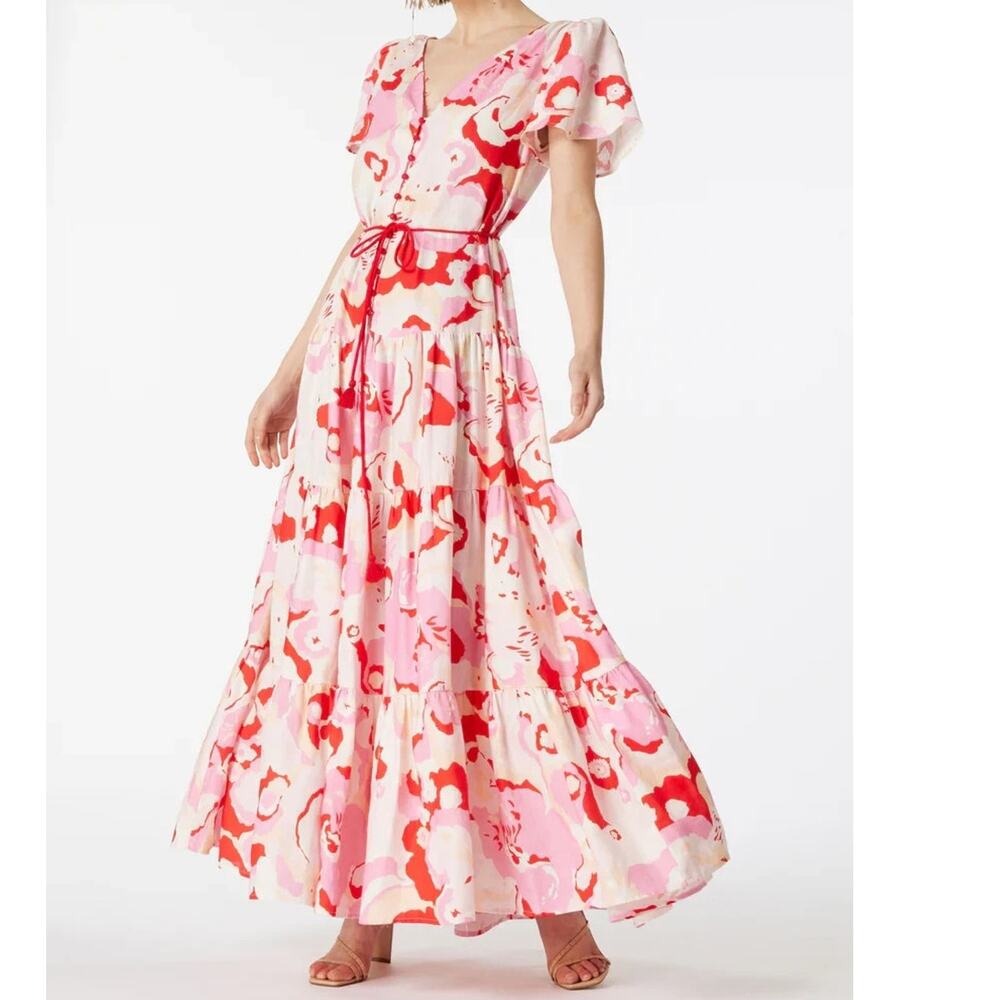 ELLIATT Gisli Linen Maxi Dress Tiered Floral Print Flutter Sleeve Feminine S